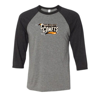 Charles City Comets with Mascot - White Outline - Unisex Three-Quarter Sleeve Baseball Tee Thumbnail