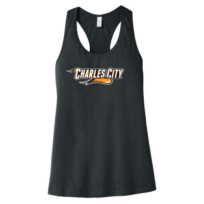 Charles City with Mascot - Horizontal - White Outline - Women's Jersey Racerback Tank Thumbnail
