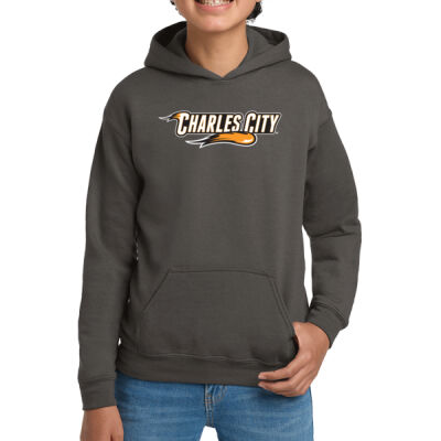 Charles City with Mascot - Horizontal - White Outline - Youth Heavy Blend™ Hooded Sweatshirt Thumbnail