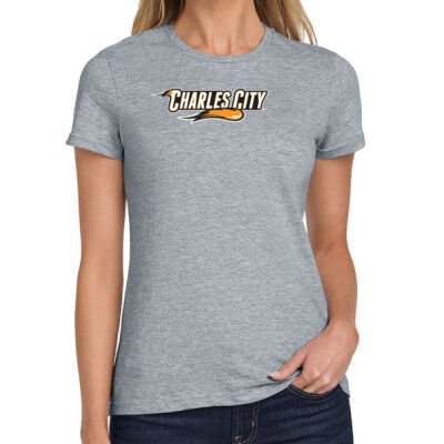 Charles City with Mascot - Horizontal - White Outline - Softstyle ® Ladies T Shirt Thumbnail
