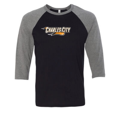 Charles City with Mascot - Horizontal - White Outline - Unisex Three-Quarter Sleeve Baseball Tee Thumbnail