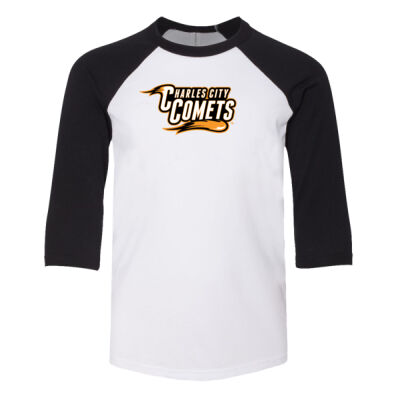 Charles City Comets with Mascot - Orange Outline - Youth Three-Quarter Sleeve Baseball Tee Thumbnail